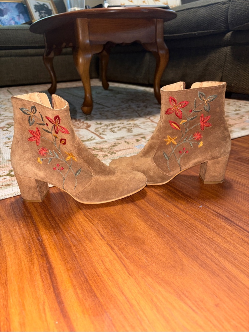 Anthropologie Taupe Suede Embroidered Ankle Boots